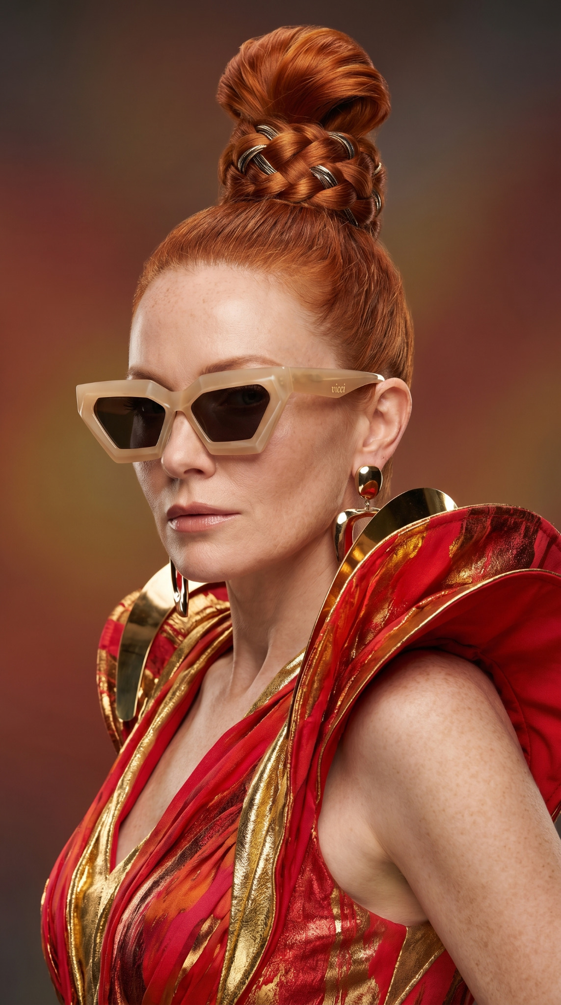 Editorial fashion portrait — red and gold